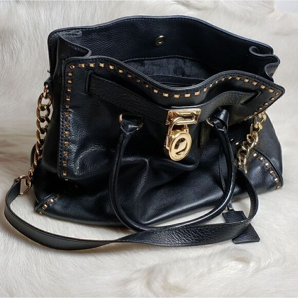 Michael Kors LEATHER Black Over the Shoulder Gold Stitch Purse Handbag - Picture 7 of 7